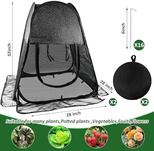 2pack Pop up Plant Shade Tent, Plant Shades for Outdoor Plants Mesh Plant Cover with 8 Stakes Pop up Sunblock Shade with Zipper Door Pest Guard Cover Protect Outdoor Plants from Animals(28x28x32in)