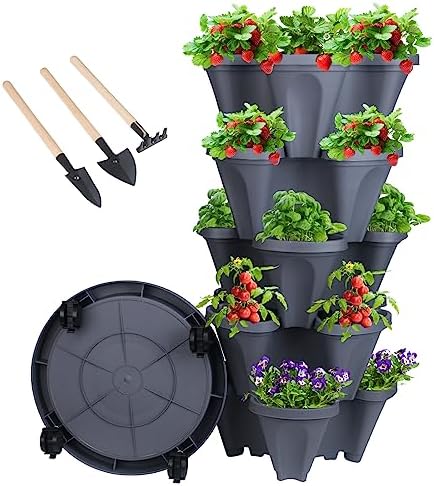 DUNCHATY Stackable Planter, Vertical Garden Planter with Wheels and Tools, Self Watering Strawberry Indoor/Outdoor 5 Tier Tower Herb for Growing Vegetables Succulents, Dark Gray