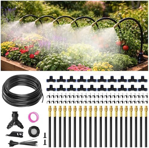 66FT Drip Irrigation System Kit Dual-Zone Garden Atomizing Watering System with 20 Copper 360° Adjustable Bendable Nozzles, Y-Splitter, Leak-Proof 1/4" Misting System for Garden Greenhouse Raised Beds
