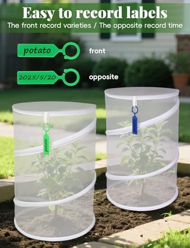 4 Pack Pop Up Plant Covers Tent from Animals, 20" H X 13" Garden Mesh Plant Cover, Outdoor Mesh Plant Enclosure for Pests, Bird and Pest Protection Guard for Plants, with Stakes and Labels (White)