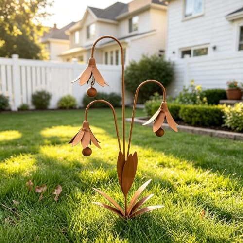 Triple Bluebells Garden Stake with Bell, Durable Metal Flower Outdoor Yard