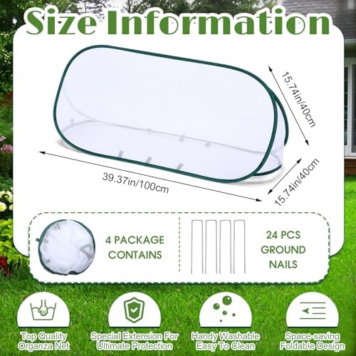 4 Sets 39" x 15" x 15" Pop up Garden Mesh Plant Cover Garden Rows Plants Cover with 24 Pcs Ground Nails Foldable Outdoor Protector Tent for Vegetables Fruits Seedlings Flowers, White