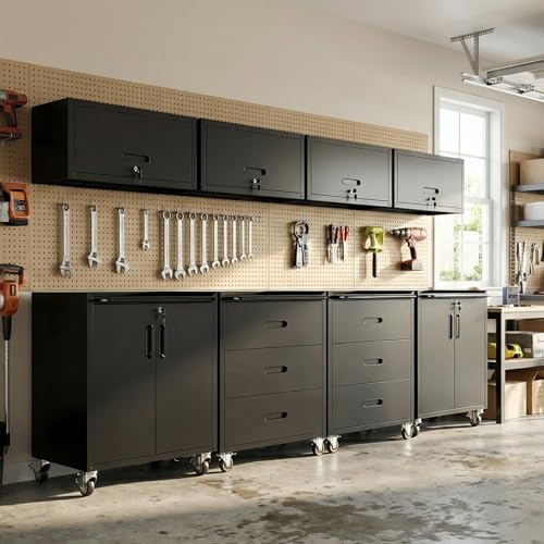 Garage Cabinet System | Heavy Duty Steel All-in-One Modular Garage Cabinet Set for Ultimate Workshop Organization | Easy Assembly Garage Storage Cabinets & Tool Bench