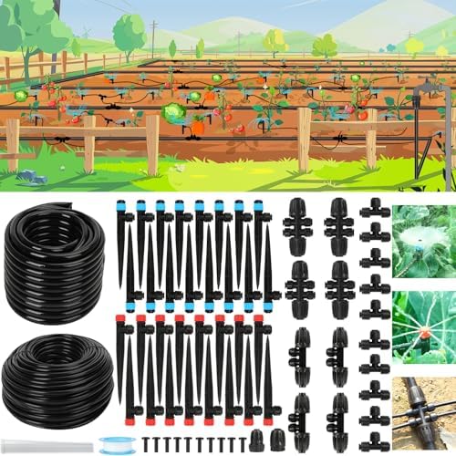 250FT Drip Irrigation System for Garden - 50FT 1/2" Main Tube & 200FT 1/4" Branch Tubing, Brass Splitter, Quick Connect Design, Perfect for Outdoor Plants, Raised Beds, Greenhouses