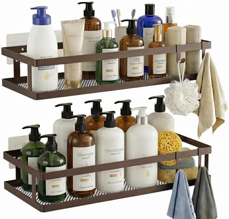 PUSDON 2-Pack Minimalist Shower Caddy Wall Mount, Open Frame Bathroom Shelf Organizer with Mesh Base, Rustproof Floating Spice Rack for Kitchen, Holds 50 LBS, 4 Hooks - Vintage Bronze, Guardrail