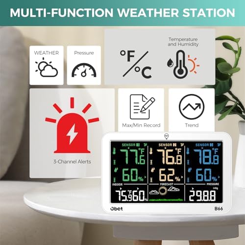 OBET Weather Station Wireless Indoor Outdoor Thermometer Wireless, Color Display Digital Temperature and Humidity Monitor with 3 Sensors, Alerts, Adjustable Backlight, USB Port (500 Feet) White