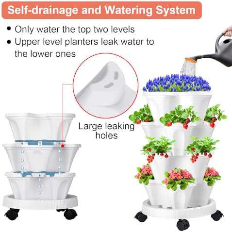 GameXcel Vertical Planter Tower - 4 Tier Stackable Garden Planters with Wheels and Tools Plant Pots for Strawberry Herb Flower and Vegetable Indoor Outdoor Use White