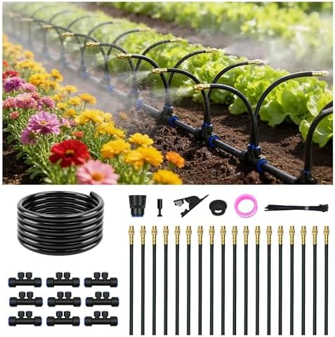 Drip Irrigation System for Garden, Automatic Watering System with Adjustable 360° Copper Spray Nozzles, DIY Drip Irrigation Kit for Yard, Lawn, Greenhouse, Raised Beds & Potted Plants (30FT)