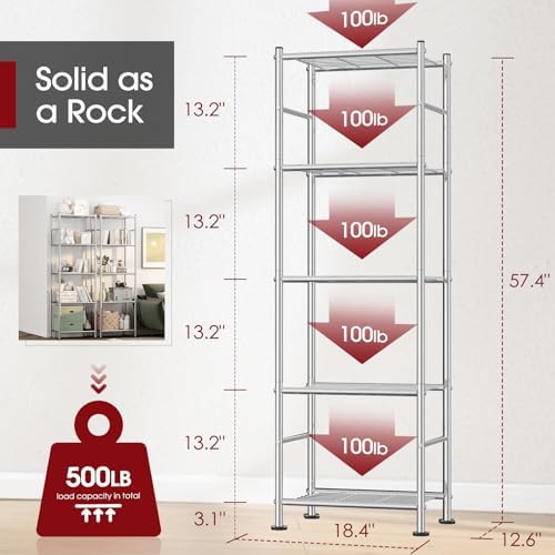 Sakugi Storage Shelves - Set of 2, 5-Tier Metal Shelf Organizer, Space-Saving Garage Shelving with Leveling Feet, Standing Shelves Organizer for Kitchen, Laundry, Pantry (18.4"x12.6"x57.4", Silver)