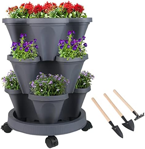 GameXcel Vertical Planter Tower - 3 Tier Stackable Garden Planters with Wheels and Tools Plant Pots for Strawberry Herb Flower and Vegetable Indoor Outdoor Use Dark Gray