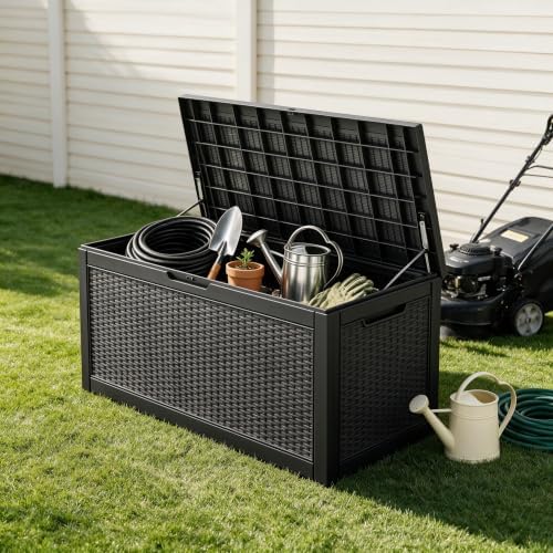 130 Gallon Deck Box,Lockable Outdoor Storage Box Gas Lift,Waterproof,Black