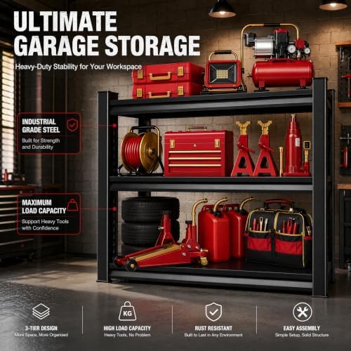 Metal Garage Shelving Unit, Heavy Duty Adjustable Storage Shelves, Steel Shelving, 1500 lbs Capacity Shelves for Heavy Tools and Equipment, 3 Tier, 31.5" W × 13.8" D × 31.5" H