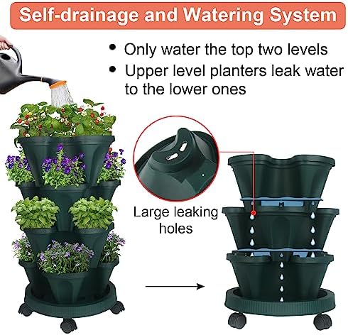 GameXcel Vertical Planter Tower - 4 Tier Stackable Garden Planters with Wheels and Tools Plant Pots for Strawberry Herb Flower and Vegetable Indoor Outdoor Use Green 2 Pack