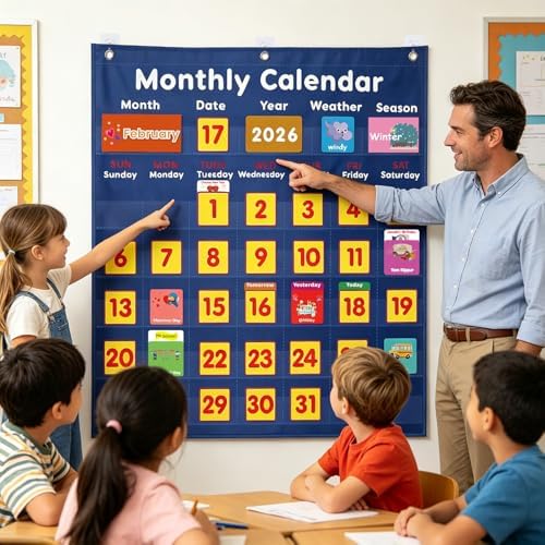 Daily Morning Board Monthly Calendar Pocket Chart Classroom,Monthly & Weather Pocket Chart,Monthly Calendar Pocket Chart with Cards for Classroom Supplies (Blue)