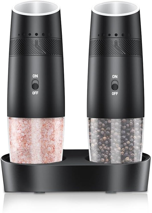 Gravity Electric Salt and Pepper Grinder Set, Automatic Shakers Pepper Mill with Rechargeable Base, External Adjustable Coarseness, LED Light, Easy Refill for Kitchen, Outdoor, Gift Giving(Black)
