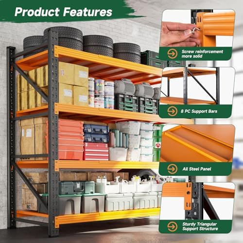 Letaya 4000LBS Heavy Duty Storage Shelves,60" W Metal Garage Shelving Units,4 Tier Large Tall Industrial Shelving,Adjustable Utility Rack Shelf for Warehouse,Basement (Orange, 60" W x 24" D x 70" H)