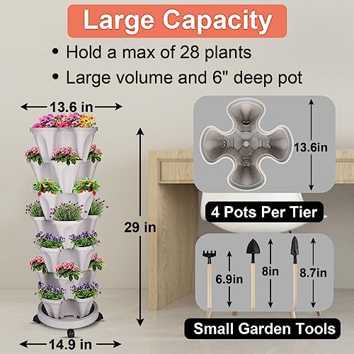 GameXcel Vertical Planter Tower - 7 Tier Stackable Garden Planters with Wheels and Tools Plant Pots for Strawberry Herb Flower and Vegetable Indoor Outdoor Use Gray