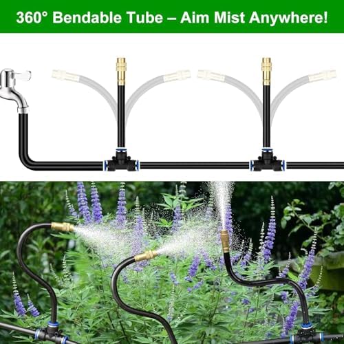 50FT Drip Irrigation System for Garden – Automatic Watering Kit with Solid Brass Metal Connectors, 360° Bendable Tubing &16 Adjustable Nozzles for Greenhouse, Lawn, Yard & Plants