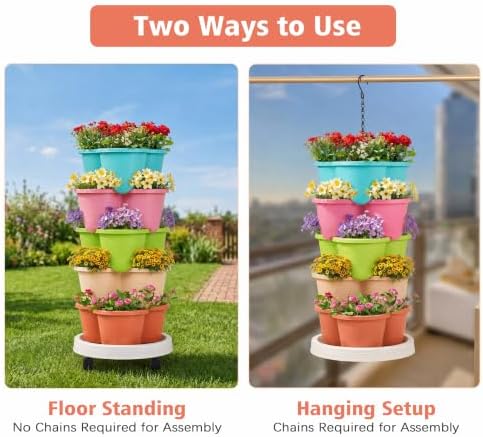 VECELO 5 Tier Vertical Garden Planter, Self Watering Stackable Planters with Wheels for Strawberries, Herbs, Flowers, Vegetables, Multicolor