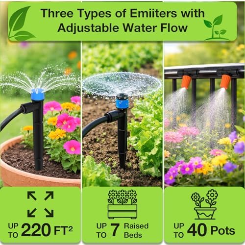 MIXC 250FT Drip Irrigation System Kit, Quick-Connect Garden Misting Watering System with 1/2” 1/4” Tubing Adjustable Nozzles Sprinklers for Indoor Outdoor Garden Potted Plant Lawn Greenhouse