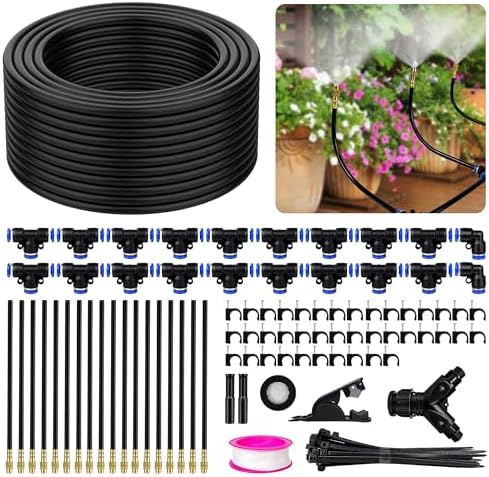 100FT Drip Irrigation Kit System for Garden 360° Adjustable Garden Sprinklers for Yard Watering System with 18 Nozzles Raised Bed Greenhouse Plant Watering Devices Misting System