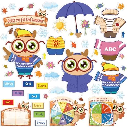 Ireer 56 Pieces Weather Bulletin Board Set for Preschool 12 x 8'' Animal Weather Chart for Classroom Dress up Seasonal Bulletin Board Cutout for Wall Blackboard Decorations (Owl)
