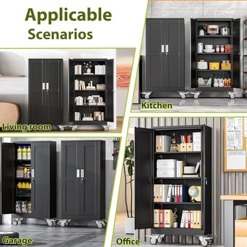 61-Inch Metal Garage Storage Cabinet with Wheels, Locking Doors and Shelves