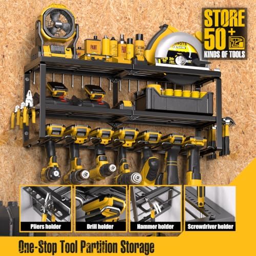 Spampur Power Tool Organizer for Tool Storage, Drill Holder Wall Mount with Screwdriver Organizer, Tool Holder for Garage Wall Organization, Heavy Duty Metal Tool Shelf with Battery Holder