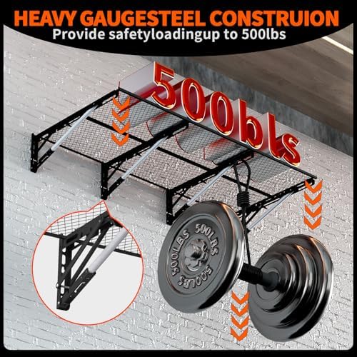 Heavy Duty Foldable Garage Storage Shelves Wall Mounted Metal Rack Unit Organizer with Removable Edge Barriers, Adjustable System for Corner Wall Use, 52.76 Inch Long 24.45 Inch Large