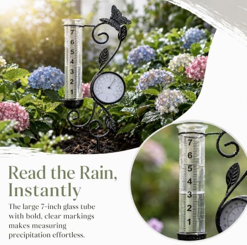 Rain Gauge Outdoor with Thermometer, Butterfly Metal Garden Stake