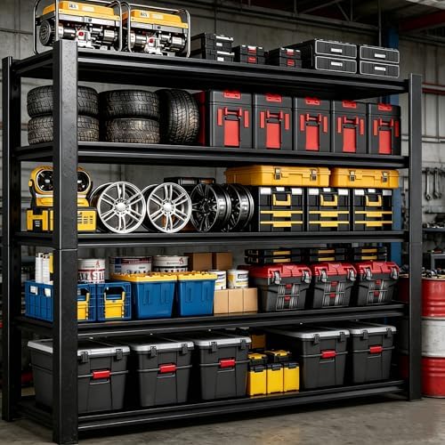 2pack Garage Shelving Heavy Duty Storage Shelves for Garage, 2500 LBS Adjustable 5 Tier Shelving Unit, Metal Garage Shelving for Industrial, Basement, Warehouse (63''Hx46''Wx20''D, Black)