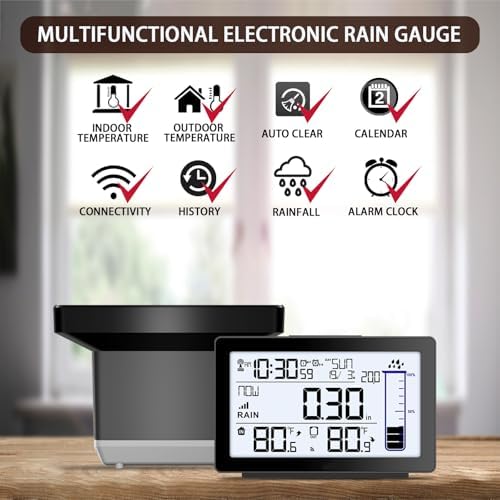 BIUWING Wireless Rain Gauge Outdoor, Self-Emptying Digital Rain Gauges Outdoors Best Rated, Electronic Rain Measure Gauge, Freeze Proof Rain Gauge with Thermometer, Remote Rain Meter for Garden