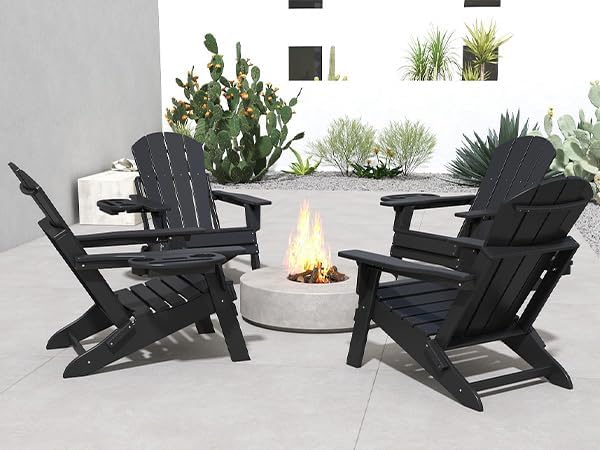 FOOWIN Folding Adjustable Adirondack Chair Set of 6,HDPE Adirondack Chair w/4 in 1 Cup Holder Trays,All-Weather Resistant Fire Pit Chair, Outdoor Chair for Patio Lawn Poolside,400lbs,Black