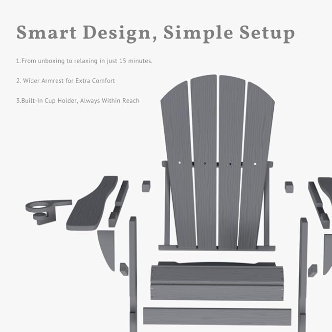 Folding Adirondack Chair with Cup Holders Set of 2, HDPE Plastic Outdoor Chairs, Weather Resistant, Real Wood Look for Patio, Deck, Fire Pit, Backyard, Gray
