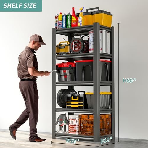 60" H Garage Shelves, Garage Shelving Heavy Duty, 3000Lbs 5 Tier Adjustable Garage Storage Shelves Suitable for Warehouse, Basement, Workshop,Require Assembly, 12.01" D*27.56" W *60" H(Black)