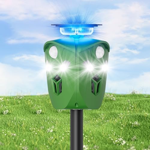 360° Solar Deer Repellent Device for Yard & Garden – No Blind Spot Motion Sensor to Keep Deer, Raccoons & Cats Away, Waterproof Ultrasonic & Flashing Light Outdoor Animal Repellent
