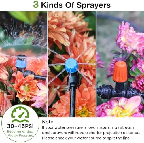MIXC Greenhouse Micro Drip Irrigation Kit Automatic Irrigation System Patio Misting Plant Watering System with 1/4 inch 1/2 inch Irrigation Tubing Hose Adjustable Nozzle Emitters Barbed Fittings