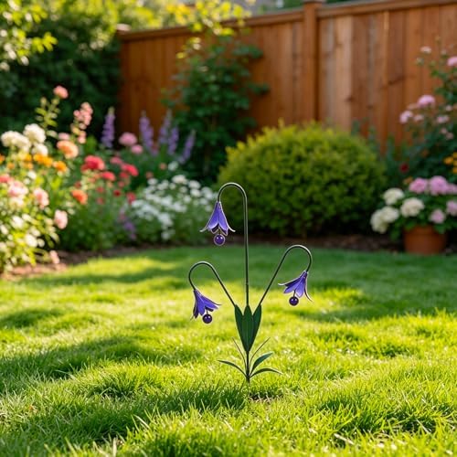 Triple Bluebells Garden Stake with Bell, Durable Metal Flower Outdoor Yard Decoration, Weather Resistant Rustic Handmade Metal Flower Garden Stake for Walkways Patios Lawn, Spring Pathway (Blue)
