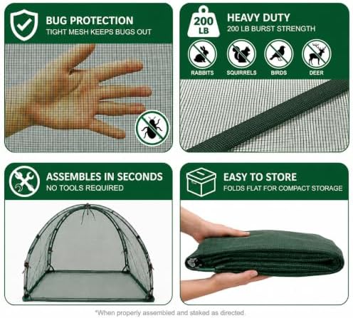 NuVue Products 25203 Pop-Up Garden Netting Animal and Bug Guard Covers with Ground Spikes, Mesh Plant Cover Tents for Pest and Animal Control, 52" x 52" x 54"