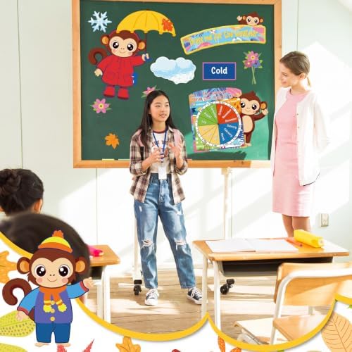 Ireer 56 Pieces Weather Bulletin Board Set for Preschool 12 x 8'' Animal Weather Chart for Classroom Dress up Seasonal Bulletin Board Cutout for Wall Blackboard Decorations(Monkey)