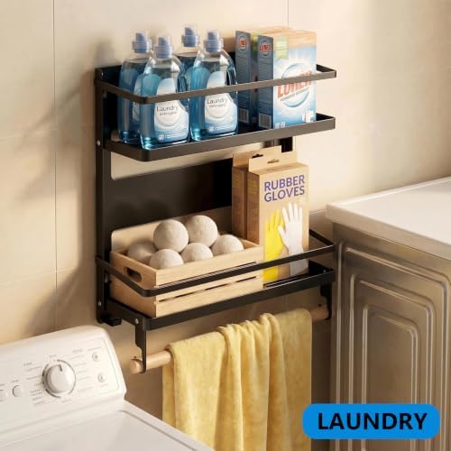 2-Tier Magnetic Shelves, Large Capacity Metal Heavy Duty Magnetic Shelf Organizer with Towel Bar, Heavy Duty Rack Organizer with 10 Hooks for Garage, Kitchen, Bathroom, Laundry