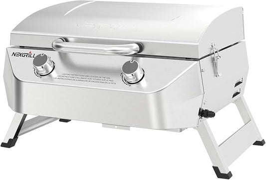 Nexgrill Stainless Steel 2-Burner Portable Gas Grill with Locking Lid, Folding Legs, 20,000 BTUs, 251 SQ In Cooking Space, Tabletop Grill for Camping, Outdoor Cooking, Patios, and More - 820-0007GE