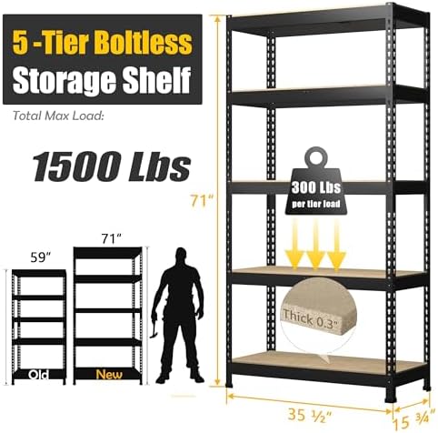 PrimeZone 71" H Heavy Duty Storage Shelves, 5 Tier Garage Shelving Unit
