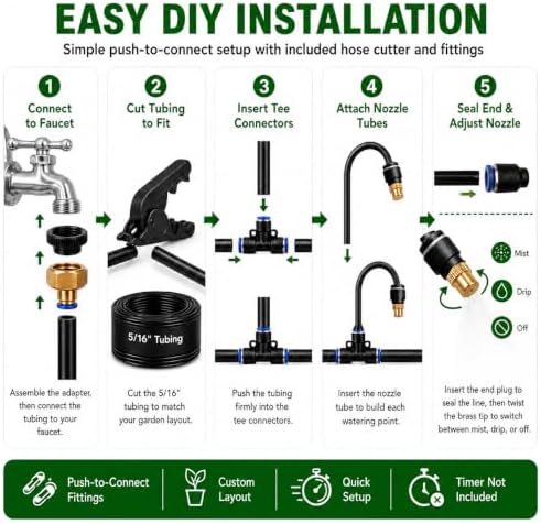 50FT 5/16" Garden Watering Kit with 16 Brass Nozzles
