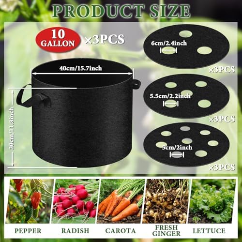 3Pack 10Gallon Grow Bags with Planting Holes,Planting Bags, Plant Grow Bags