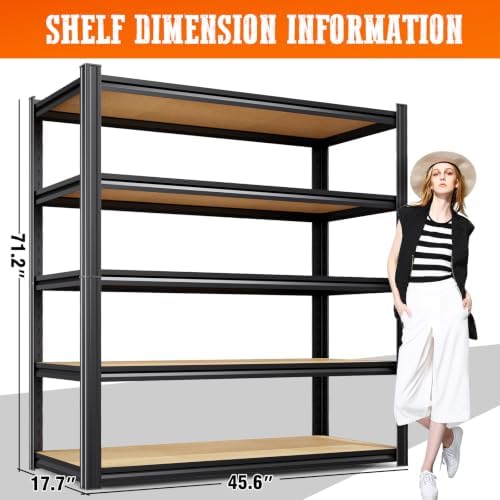 Set of 5 Heavy Duty Garage Shelving, 71.2"Hx45.6"Wx17.7"D, Adjustable Storage Shelves Unit for Garage Storage, Metal Shelving & Shelves Organizer for Home, Warehouse, Workshop & Commercial Use