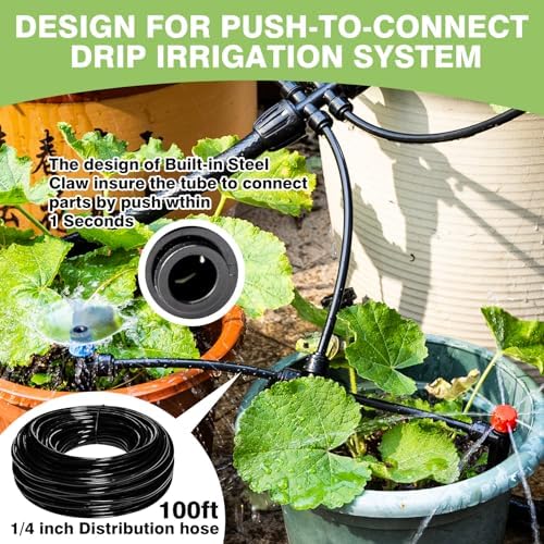 Maotong 100FT 1/4 inch New Quick-Connect Drip Irrigation Kit Distribution Hose Tubing for Garden Irrigation System (Includes 2 Pcs 6-Way Connector, 5 Pcs 1/4" Tee and 10 Pcs End Plugs)