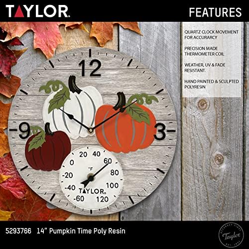 Taylor Pumpkin Time Poly Resin Indoor and Outdoor Clock and Thermometer, Home Decor for Garden, Patio, Pool, and Indoor Areas, 14-inch, Orange