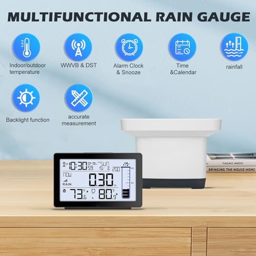 Digital Rain Gauge Outdoor with Thermometer, Self-Emptying Wireless Rain Gauges Outdoors Best Rated, Freeze Proof Automatic Rain Measure Gauge for Yard, High Precision Electronic Rain Collector