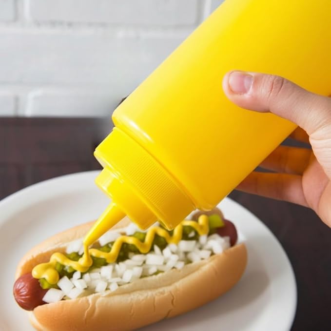 TrueCraftware- 32 oz Yellow Squeeze Condiment Wide Mouth Dispensing Bottles Set of 6- Plastic Squeeze Bottle For Sauces Spreads Ketchup Mustard Mayo Hot sauces and Olive oil